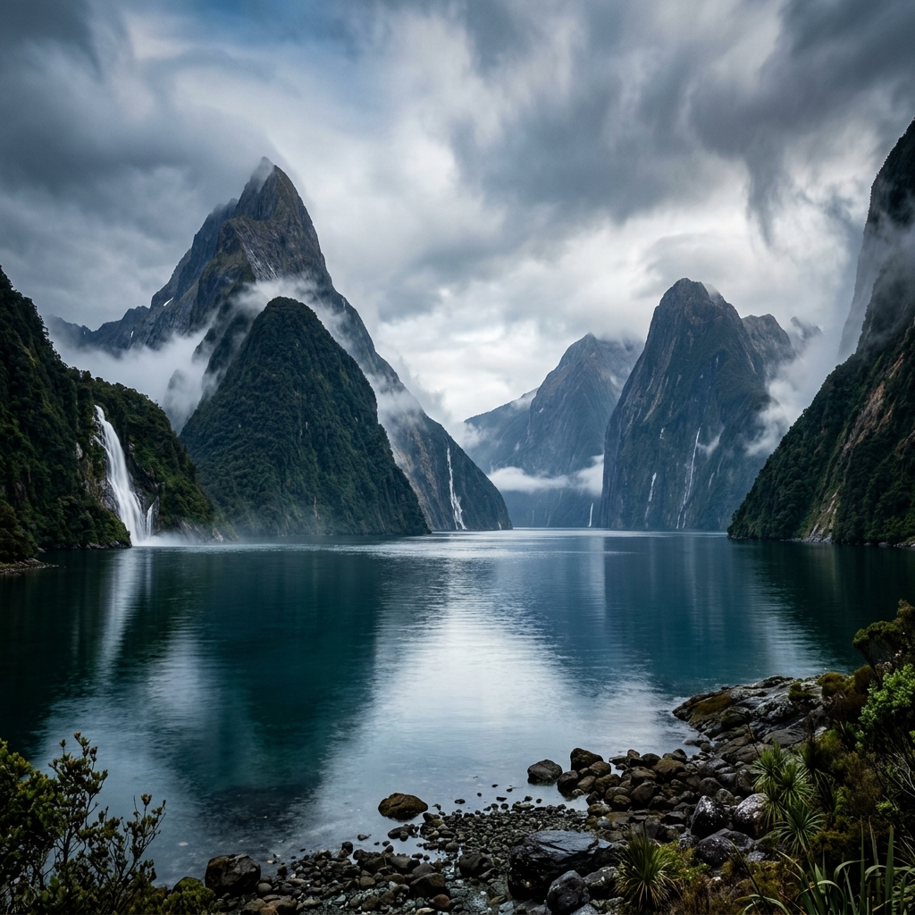 Mountains reflected in the water at Milford Sound, New Zealand